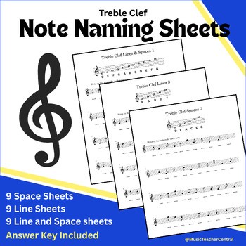 Treble Clef Note Naming Worksheets, Lines, Spaces & Mixed Notes