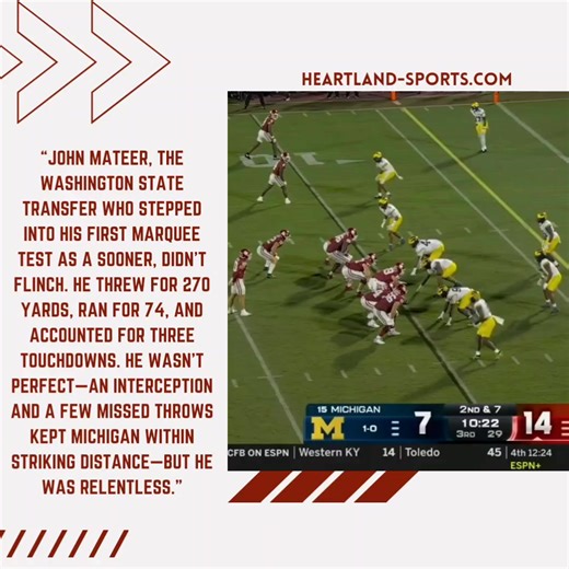 This wasn’t a game defined by Oklahoma’s flash. It was defined by grit, defense, and the kind of quarterback play that gives a fan base hope for more than just relevance. John Mateer, the Washington State transfer who stepped into his first marquee test as a Sooner, didn’t flinch. He threw for 270 yards, ran for 74, and accounted for three touchdowns. He wasn’t perfect—an interception and a few missed throws kept Michigan within striking distance—but he was relentless. Mateer kept drives alive w