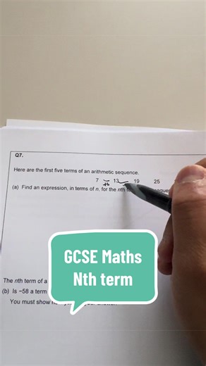 GCSE Maths - Nth Term Find the difference between terms. This forms the n part of the answer. 6n Go backwards from the first term using inverse. So subtract 6 to find the second part of the answer. 1 Answer 6n 1 #learnontiktok #gcsemaths #mathematics #gcsehelp #revise