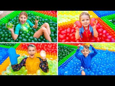 Four Colors Water Balloons Challenge | Fun Kids Challenge 💦🎈