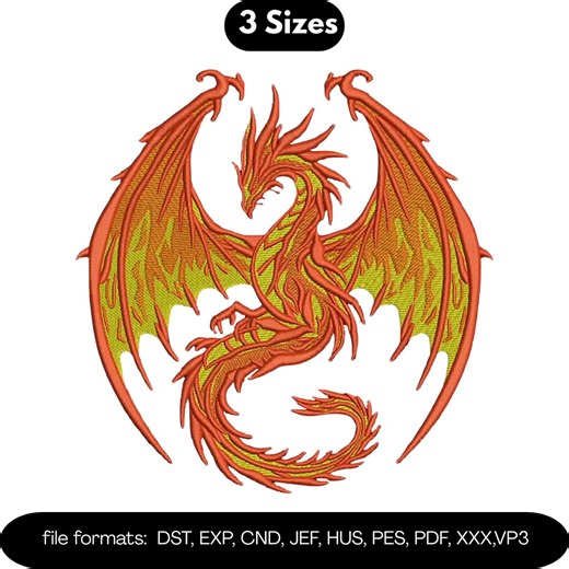 Flying Dragon, Embroidery Design, Fantasy Dragon Machine Embroidery, Mythical Dragon Embroidery Pattern, 3 Sizes, Digital Download