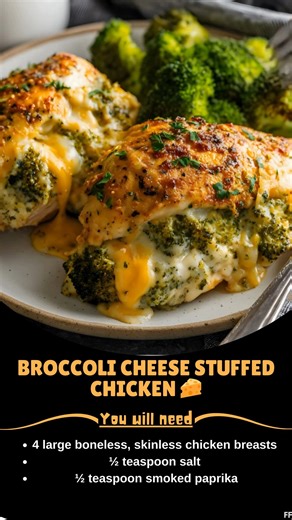 Broccoli 💗 Cheese Stuffed Chicken 🧀 Creamy cheesy broccoli tucked inside juicy chicken breasts—comfort food meets elegant dinner! Ingredients: 4 large boneless skinless chicken breasts 1 tsp salt ..... Full Recipe in Coʍmеոτ 💬 😉 | Tasty Recipes