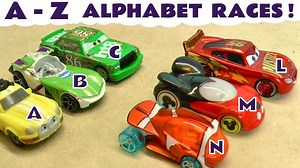 Hot Wheels Alphabet Races with Disney Cars Lightning McQueen versus Funny Funlings and Marvel Avengers in these Family Friendly Toy Story Videos for Kids from Kid Friendly Family Channel Toy Trains 4U