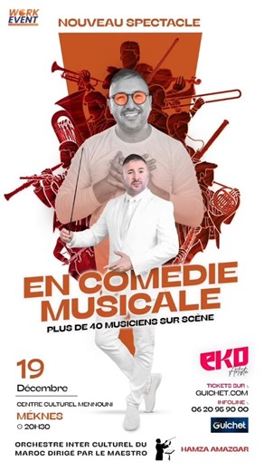 Guichet on Instagram: "Découvrez un spectacle unique qui fusionne comédie, mise en scène musicale et performance orchestrale. En Comédie Musicale réunit plus de 40 musiciens de l’Orchestre Interculturel du Maroc 🇲🇦 sous la direction du maestro, pour une expérience artistique immersive et moderne.🌟 Pensé pour tous les publics, ce nouveau spectacle propose une rencontre harmonieuse entre humour, narration et puissance musicale, offrant une soirée riche en émotions et en créativité.💫 📅 19 déce