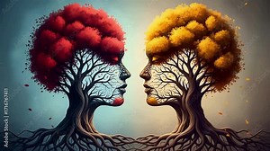 Two majestic trees with human faces merge, their roots intertwined, symbolizing connection and growth in a vibrant natural landscape