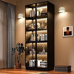 Display Cabinet with Glass Doors & Lights, 5-Tier LED Storage Curio Cabinet, Trophy Display, Lighted Display Bookcase for Home Office, Black