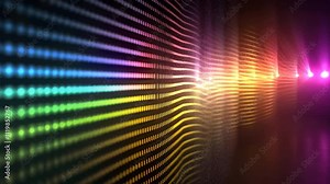 Colorful sound wave pattern with vibrant lights creates dynamic visual effect, featuring gradient design that enhances energetic atmosphere for music and technology themes.