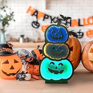 Speicial 3D LED Infinity Light Halloween Mirror 3 Stacked Pumpkins - Colorful Optical Illusion Night Light for Home Decor, Kids Room, Christmas & Halloween and Seasonal Décor