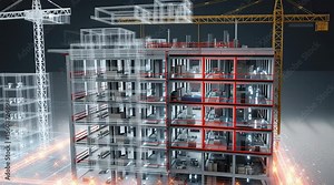 Detailed 3D model of a building under construction with wireframe overlay, showing internal structure, MEP systems, and a crane. Perfect for construction, architecture, and engineering projects.