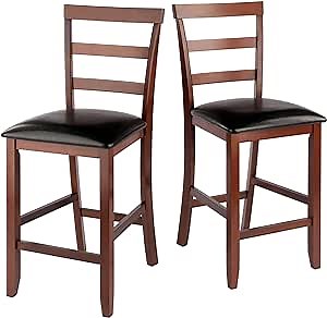 Winsome Simone 2-Pc Ladder Back Counter Stools Set, 25" Seat Height, Walnut Finish with Black Faux Leather