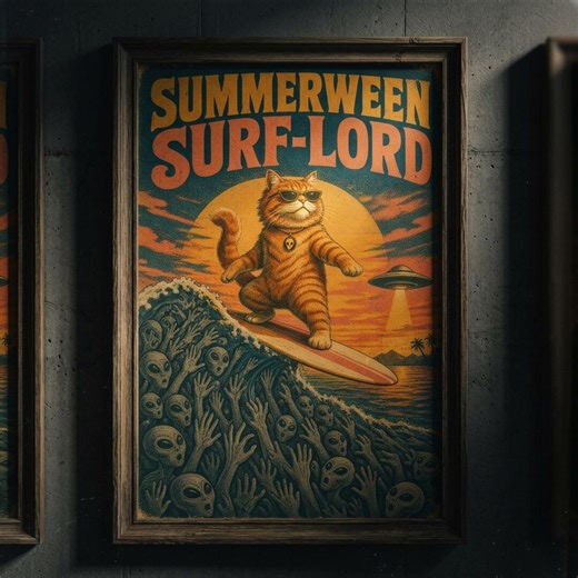 Funny Cat Summerween Surf Lord Poster, Alien Abduction Retro Sci Fi Art, Creepy Surfing Skeleton Vibe, Spooky Summer Digital Download - Etsy
