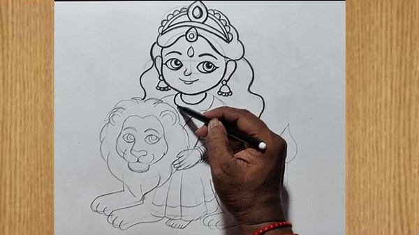how to draw maa durga with lion easy line art drawing step by step for beginners,durga thakur draw,
