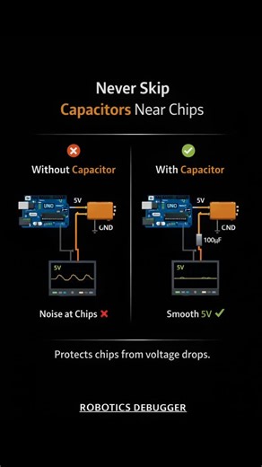Robotics Debugger on Instagram: "Most Arduino problems aren’t code issues. They’re power issues. Skipping a simple capacitor near the chip can cause: • random resets • sensor noise • unstable readings If your project works “sometimes” — this is usually why. Save this. And if your board still misbehaves, DM me what you’re building. #arduino #electronics #embedded #iot #esp32 #robotics #engineering"