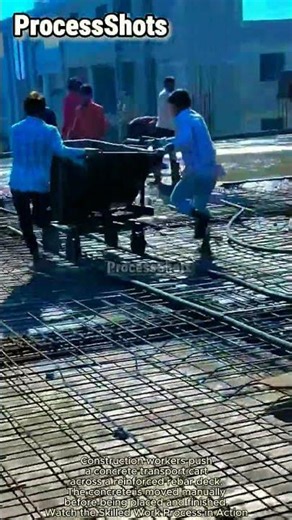 Workers Transport Concrete Across Reinforced Rebar Decks Using Manual Carts #worker #process