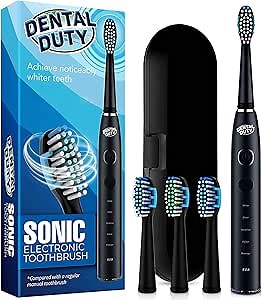 Sonic Electric Toothbrush- Electronic Black Toothbrush w/Replacement Brush Heads & Travel Case, 5 Modes, Dentist Recommended, Rechargeable w/Smart Timer, Best Ultra Whitening Toothbrushes for Adults.