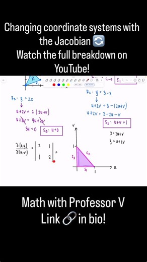 Professor V 👩‍🏫 on Instagram: "Ever wonder how to switch from one coordinate system to another, like from rectangular to polar, cylindrical, or spherical coordinates without losing your mind? 🤯 In this clip, I walk through another example using the Jacobian determinant to change variables in multiple integrals — and trust me, once you see the pattern, it clicks. 🎓 Full video now on YouTube: Jacobian Examples Part 2 | Changing Variables in Multiple Integrals Made E