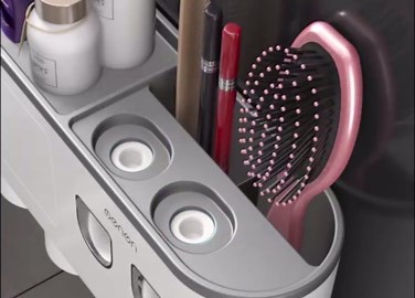 No-Drill Wall Mounted Toothbrush Holder, Bathroom Shelf, with Automatic Toothpaste Dispensers 6 Brush Hooks Magnetic Cups 1 Cosmetic Drawer Organizer and Large Storage (2 Dispensers 2 Cups)