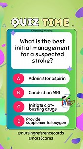 94K views · 545 reactions | What is the best initial management for a suspected stroke? * * * * * * * * #nurses #doctors #nursing #medical #nurseexam #NCLEX #nclexreview #nclexrn #registerednurse #medicaldoctor #medicine #studentlife #exam #exampreparation #nclexprep #nursingstudent #medicalstudent #RN #NMC #NGN #PNLE #NLE #USRN #RN #rnlife #nursinglife #fbreels #fypシ゚ @highlight @followers @everyone | Nursing Reference Cards | Facebook