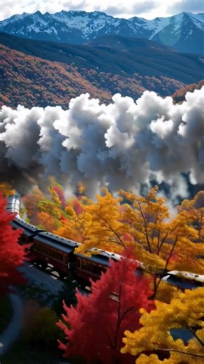 vintage steam train chugging down a winding track through majestic mountain terrain peak autumn.