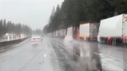 Big Rigs parked along I80 in Applegate. The roadway is closed heading up 80 into the Sierra due to snowy conditions @cbssacramento | Good Day Sacramento