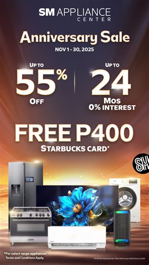 The biggest celebration of the year is happening at SM Appliance Center's #AnniversarySale! ​ This November, expect a discount party with up to 55% OFF on featured appliances and 0% installment up to 24 months on select credit cards! ​ PLUS, get a FREE Starbucks Card for any range appliance purchase worth P15,000 and up! Shop at #SMApplianceCenter this November 1 to 30, 2025 to avail of these Anniversary deals!​ For more info, visit bit.ly/SMAppCtr2025AnnivSale or join our Viber community: https
