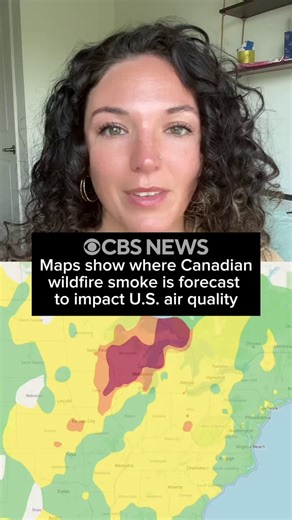 9.1K views · 76 reactions | As more than 200 wildfires burn across Canada, smoke is forecast to impact air quality across the U.S., with Wisconsin, Minnesota and Iowa expected to face “unhealthy” conditions on Wednesday, and numerous other states — from New York to Nebraska, facing air alerts of their own. Here’s what our CBS News forecast maps show you can expect. https://cbsn.ws/440QfZy | CBS News | Facebook