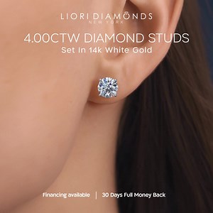 133K views · 249 reactions | These classic diamond stud earrings allure with their simple yet elegant look. These round diamonds are set in a 14k white gold four-prong basket setting with the screw back closure. • 4.00 total carats • 14k White Gold • Screw Back • AGI Certified | Liori Diamonds | Facebook