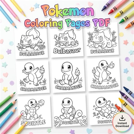 Pokemon Coloring Pages PDF Bundle, Kids Printable Coloring Book, Bulbasaur Charmander Squirtle, Instant Download - Etsy