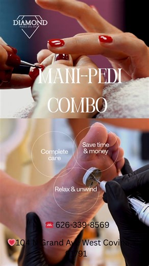 ❤Why You’ll Love a Mani-Pedi Combo 💅🦶 Treat yourself from head to toe with a manicure pedicure combo — the ultimate way to refresh your look and relax! Complete care: Clean, shape, and pamper both hands and feet. Save time & money: Get both services done together at a better price. Relax & unwind: Enjoy soothing massages and a stress-free experience. Fresh, polished look: Walk out with beautiful nails and soft, smooth skin. ✨ One visit, total glow-up — because you deserve it! 🌸 💎Diamond Nail