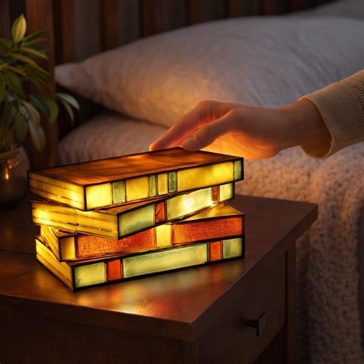 Stacked Books Table Lamp Vintage Book Lamp Stained Glass Style Bedside Light Reader Gift Library Decor Cozy Nightstand Lighting - Etsy