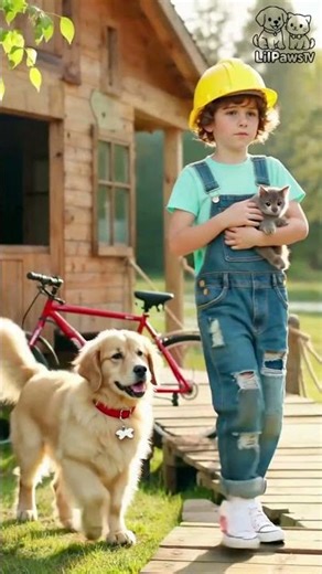 Boy & Puppy Save Scared Kitten 🐶🐱❤️ #goldenretriever #cutedog