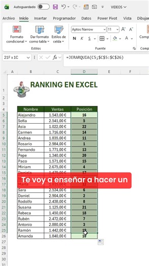 Como hacer un ranking de ventas en excel #Excel #office #tutorial | El Pollo Excel-ero