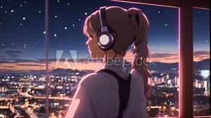 Lofi animation 3d cartoon character girl listening to music in animation style, anime girl animation, lofi girl music, relaxing mind, - Seamless loop animation, created using AI Generative Technology