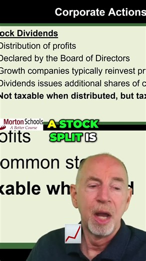 Stock splits explained! They affect your basis per share. Here's how to calculate values after a split. #StockMarket #InvestingTips #Finance101 #Stocks #MoneyMoves #SIEExam #FINRAExam #mortonschools #Series6Exam #Series7Exam #SecruitiesLicense #SecuritiesExam #studySIE #SIE
