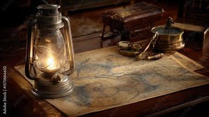 Capture the spirit of adventure with a timeless nautical map paired with antique navigation tools. A glowing lantern illuminates the scene creating a mystique of hidden treasures and