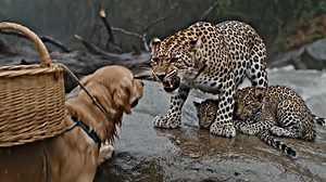 Brave Dog Rescues Stranded Leopard Cubs from Deadly Flood Description: "Nature's most unlikely heroes." Watch the heart-stopping moment a massive flash flood leaves a mother leopard and her two tiny cubs stranded on a rock in the middle of a violent river. With the water rising fast, an elderly man and his brave Golden Retriever stage a daring rescue mission using only a wicker basket and pure courage. Witness the incredible bond between human, dog, and wild cat in this miraculous story of survi