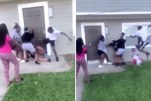 Moment teens fly kick baby & attack her ‘pregnant’ mom in front yard brawl