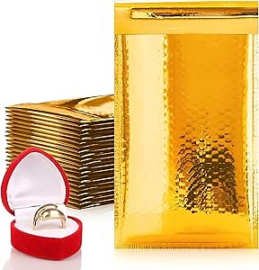 Gold Metallic Bubble Mailers, 4 x 7 Inches. 625 Pack Metallic Bubble Envelope Mailer. Bright Padded Envelopes Waterproof. Padded Shipping Envelopes for Fragile Things. Self Seal Mailers