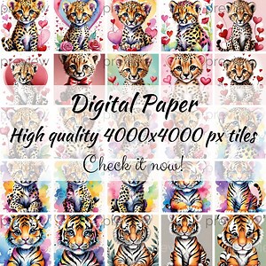 Cartoon Leopard Cub Digital Paper: Playful Hearts, Junk Journals (PNG Download) - Etsy