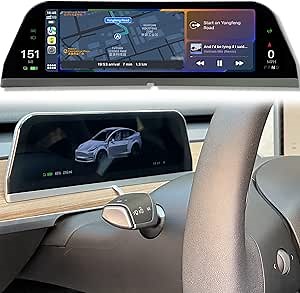 for Tesla HUD Model 3 Model Y Head Up Display Support Wireless CarPlay & Android Auto, 9.66" HD Touch Screen Dashboard Display Power/Speed/Music/map info, Steering Wheel Control