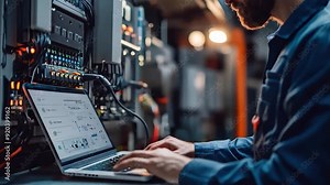 Expert technician installing a home EV charging station, actively configuring and troubleshooting the laptop-based charging system for electric vehicles.