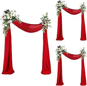 AMZLOKAE 3 Panels 6 Yards Red Chiffon Wedding Arch Drapes | 29"x216" Sheer Fabric Curtains | Elegant Decor for Ceremony, Reception, Photo Booths