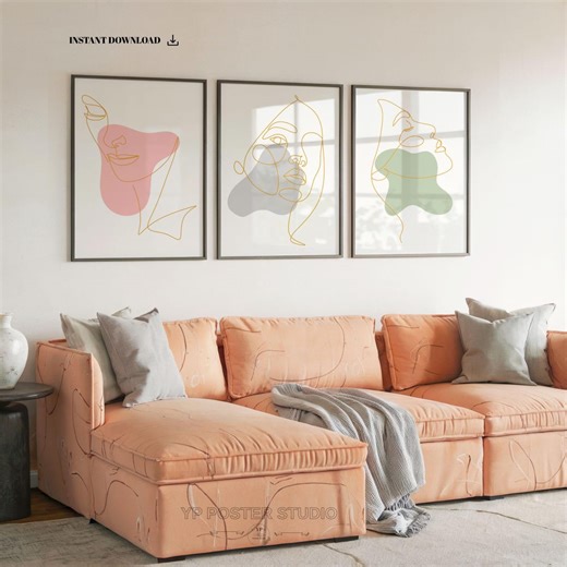 Gold Line Art Trio | Abstract Face Prints Set of 3 | Modern Minimal Wall Decor - Etsy