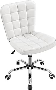 Yaheetech Armless Desk Chair Modern Tufted Office Chair Faux Leather Upholstered Computer Chair with Adjustable Seat Height and Rolling Wheels for Home/Office, White