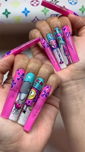 The Nailology Lab on Instagram: "The Kuddly Krab🦀💗 Who else remembers this episode??😍 Our talented BA @nailz_by_dev made these amazing nails using our LIQUID IV KIT & BUBBLE ACTIVATOR🫧 💅🏼You can use code “DEV” anytime to save on our shop💅🏼 #aquanails #liquidnails #spongebob #nailart #thenailologylab"