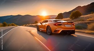 yellow sports car is moving along the road at speed