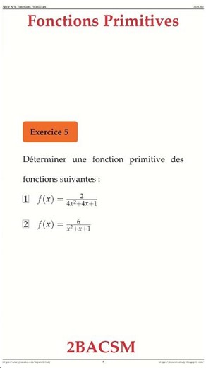 Exercice 5 Fonctions Primitives 2BACSM Maths space2study M2BSMS4v12 #maths