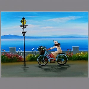 Girl Riding a Bicycle Acrylic Painting Color used : White, Primary blue, Brilliant purple, Orange, Light green, Cadmium yellow, Red #art #artist #artwork #acrylic #painting #eldrawingarts #acrylicpainting #landscapepainting | El Drawing Arts
