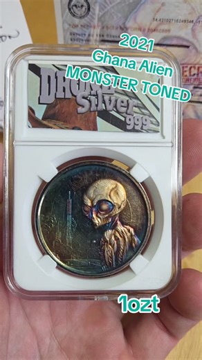 Troy Corsi on Instagram: "👽2021 Ghana Alien👽 1ozt MONSTER TONED No: 23 of 50 Jacksilver999 Limited Edition #silver #money #alien #ghana #coin"