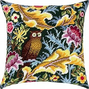 Brvsk Tapestry Needlepoint Kit for Adults and Beginners — Owl by John Henry Dearle 16″ × 16″ with Clear, Precise Printed Design on Cotton Canvas; Includes 2 Needles, Yarn, and Easy-Read Chart